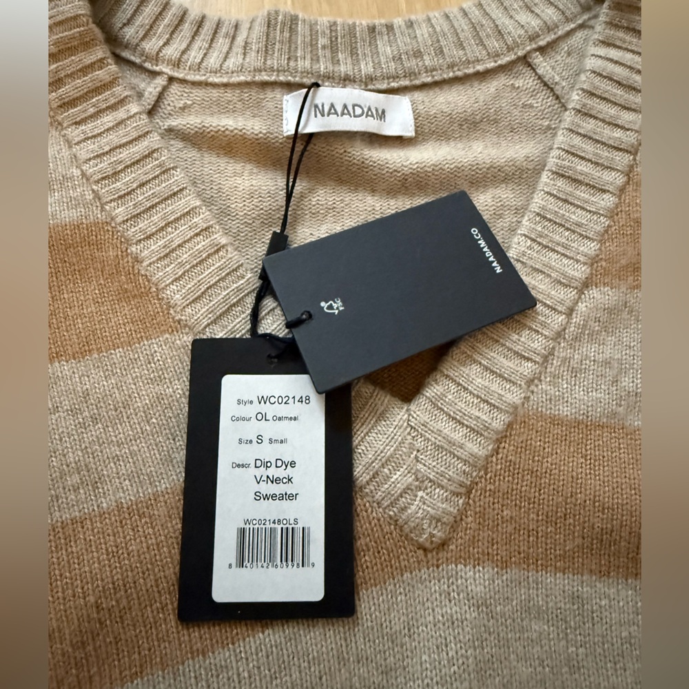 NWT NAADAM Dip Dye V-Neck Wool Cashmere Brown Stripe Sweater Size S - Picture 4 of 9